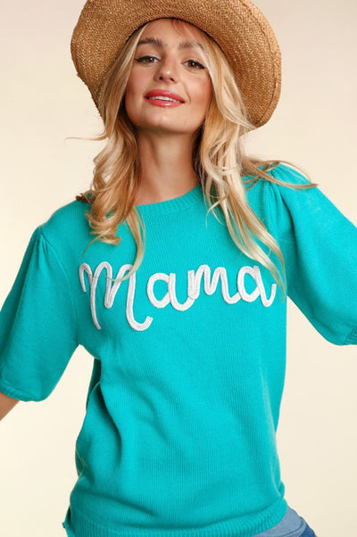 Mama Embroidered Knit Top - Mint Green