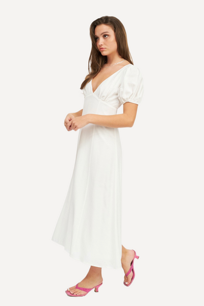 White Puff Sleeve Maxi Dress, womens white spring dress