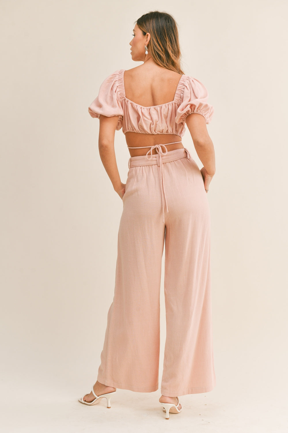 Pink Pleated Linen Pants and Cropped Top Set