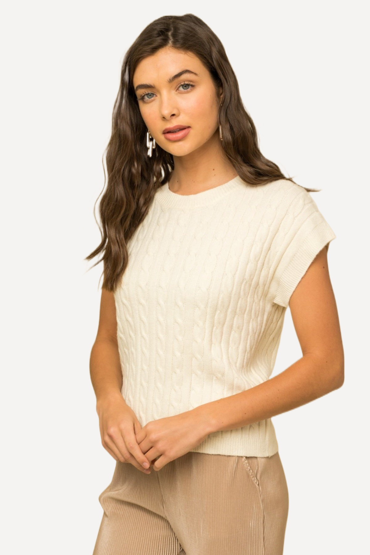 white Cable Knit Short Sleeve Top