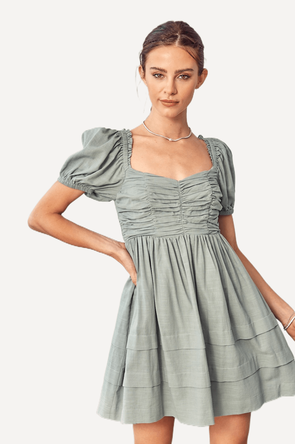 womens Puff Sleeve Ruched Dress