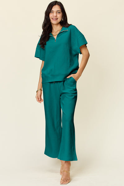 teal Collared Short Sleeve Top and Pants Set, casual
