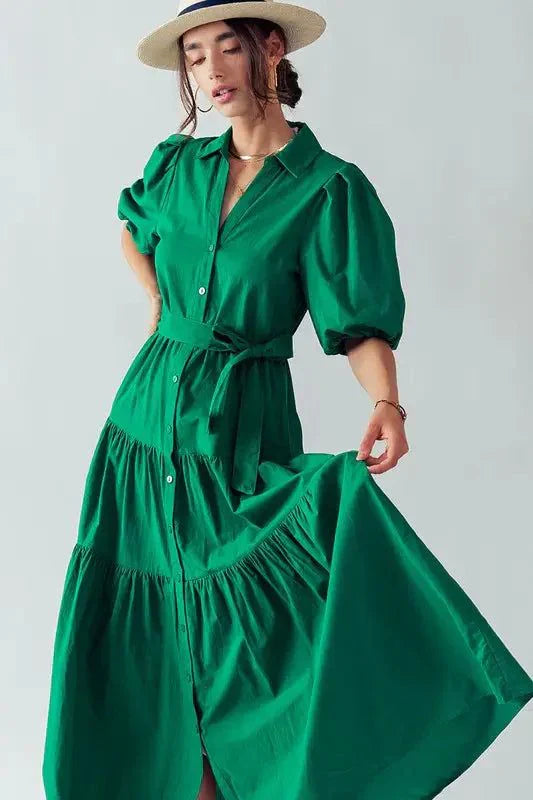 Puff Sleeve Tiered Dress in Green - LK’s Boutique