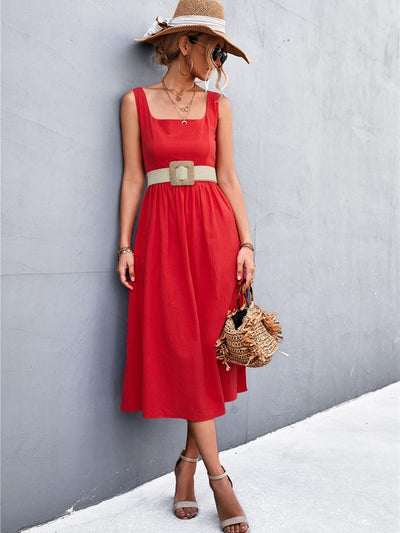 Square Neck Red Midi Dress, 2024 summer red spring dress, 2024 red summer dress