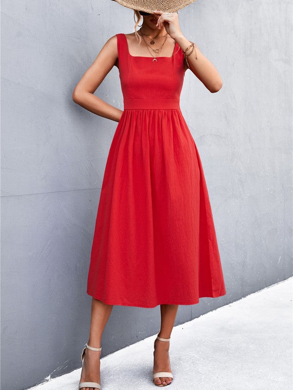 Square Neck Red Midi Dress