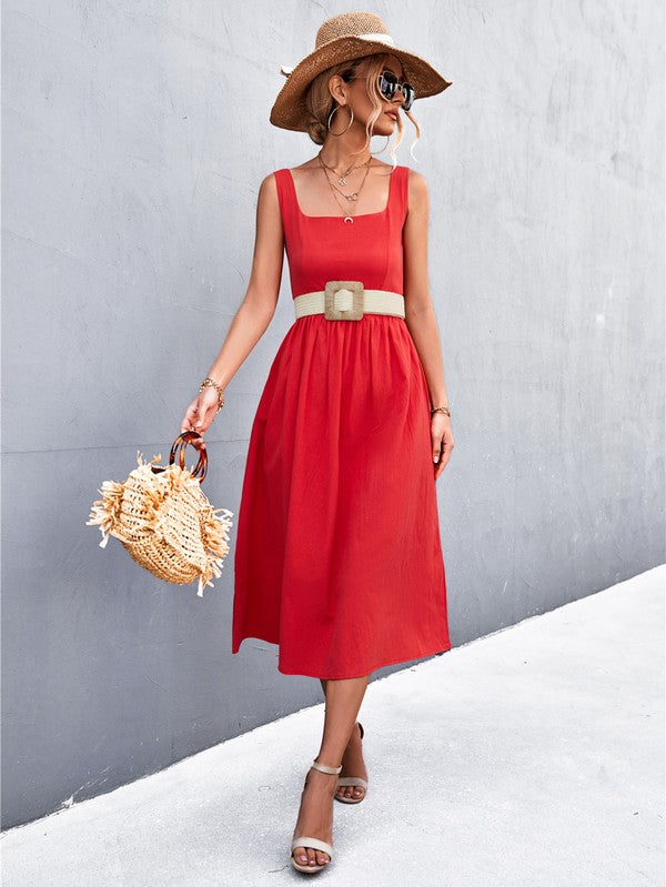 Square Neck Red Midi Dress