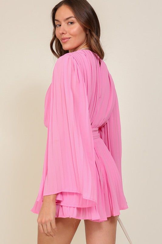 Luxurious Looks Blush Pink Metallic Pleated Long Sleeve Romper