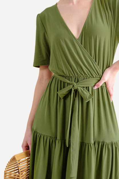 Soft Short Sleeve Tiered Midi Dress - Green