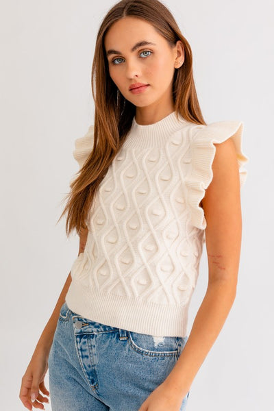 white Ruffle Sleeve Cable Tank