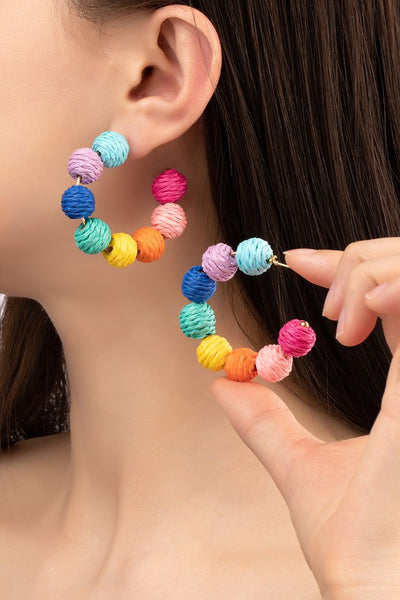 colorful Raffia Ball Hoop Earrings