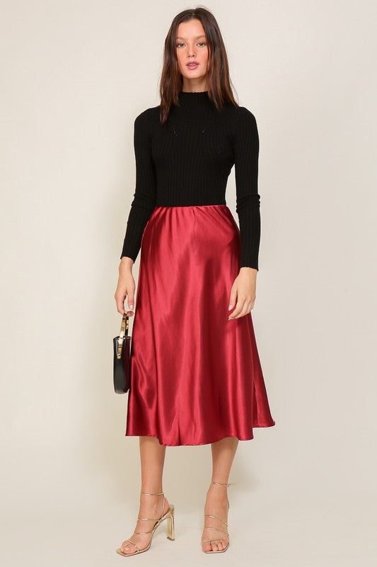 red Satin Flare Midi Skirt