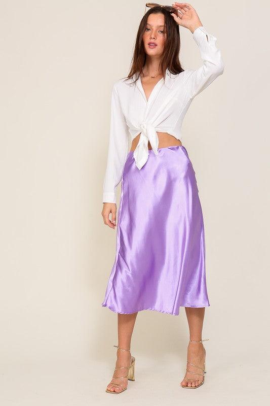 lavender Satin Flare Midi Skirt