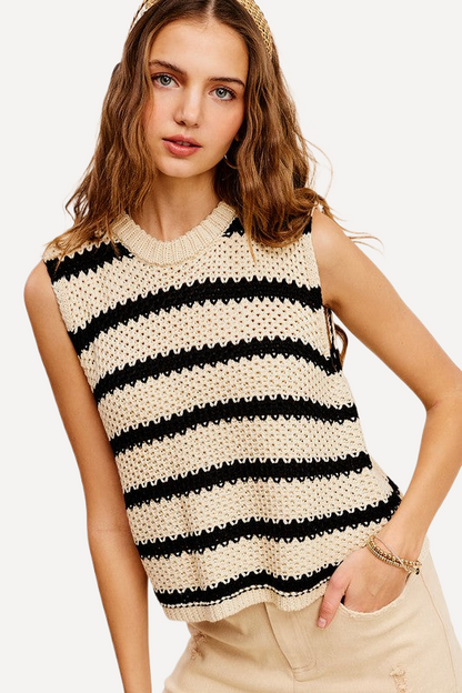 black and beige knit top, womens, Crochet Sleeveless Top