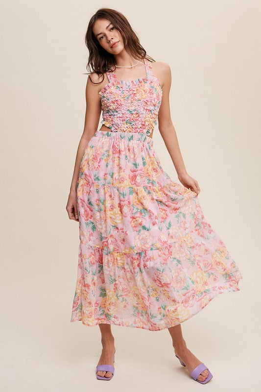 Floral Bubble Textured Two-Piece Style Maxi Dress