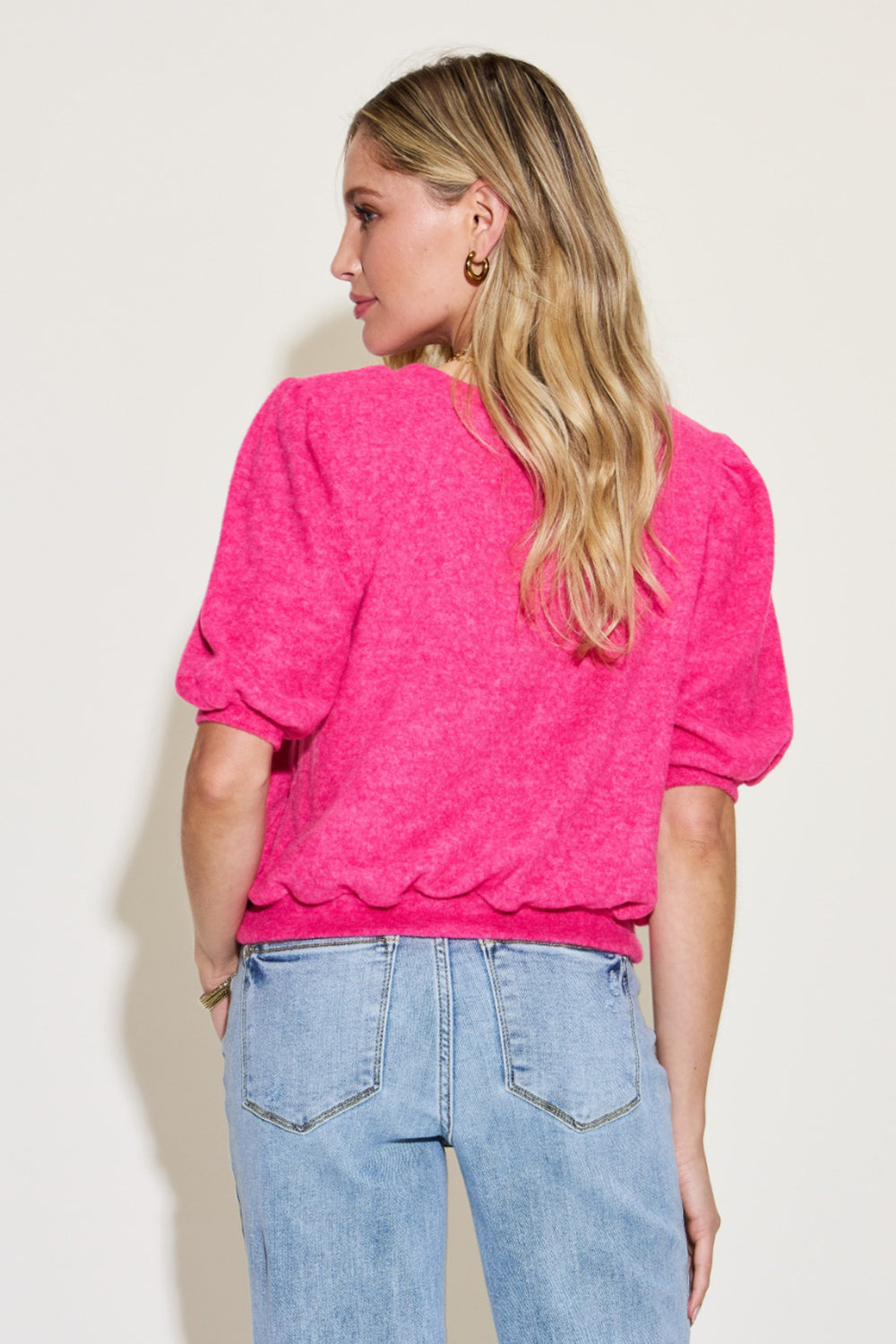 Half Lantern Sleeve Knit Top - Hot Pink