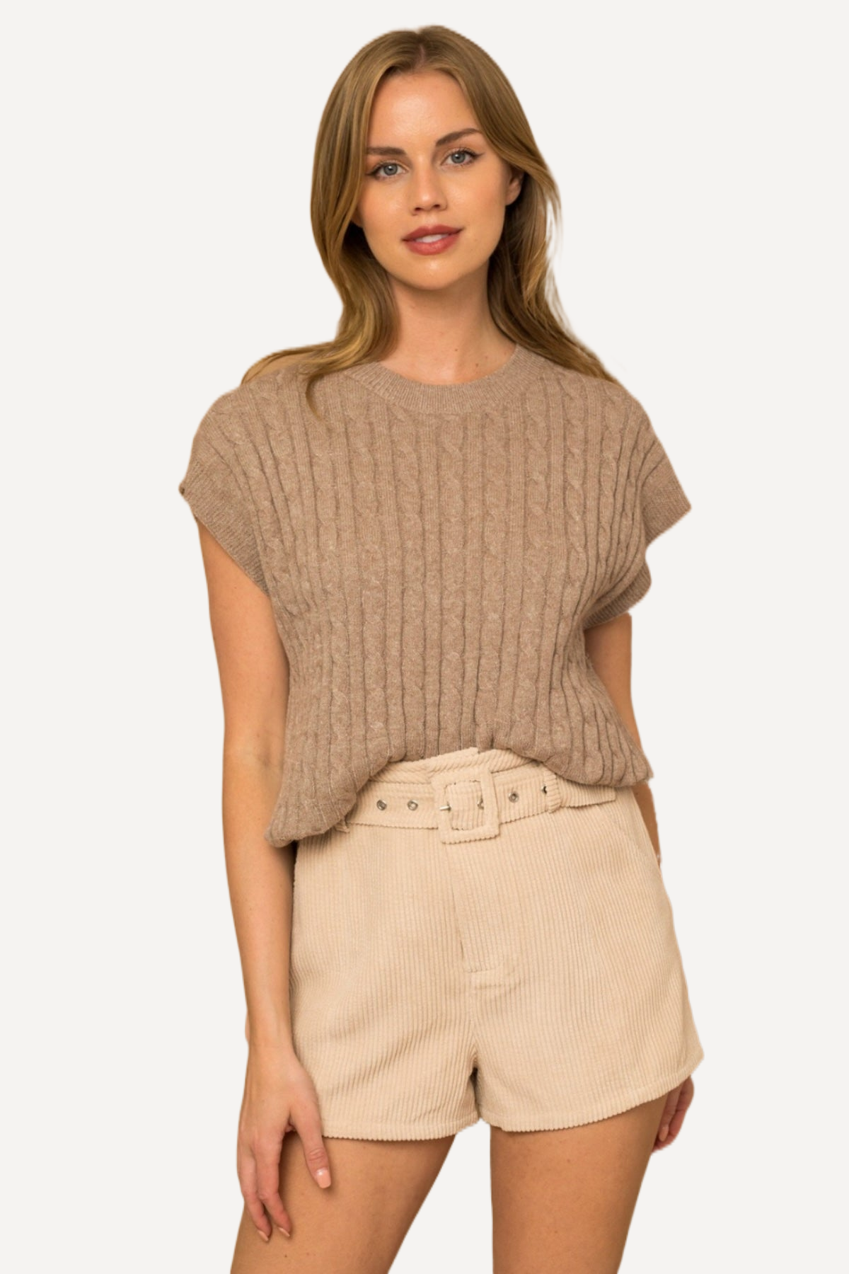 tan knit top, tan Cable Knit Short Sleeve Top