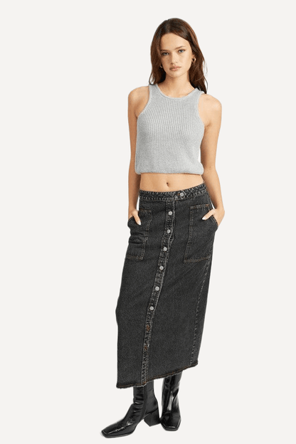 fall style with maxi denim skirt and knit top