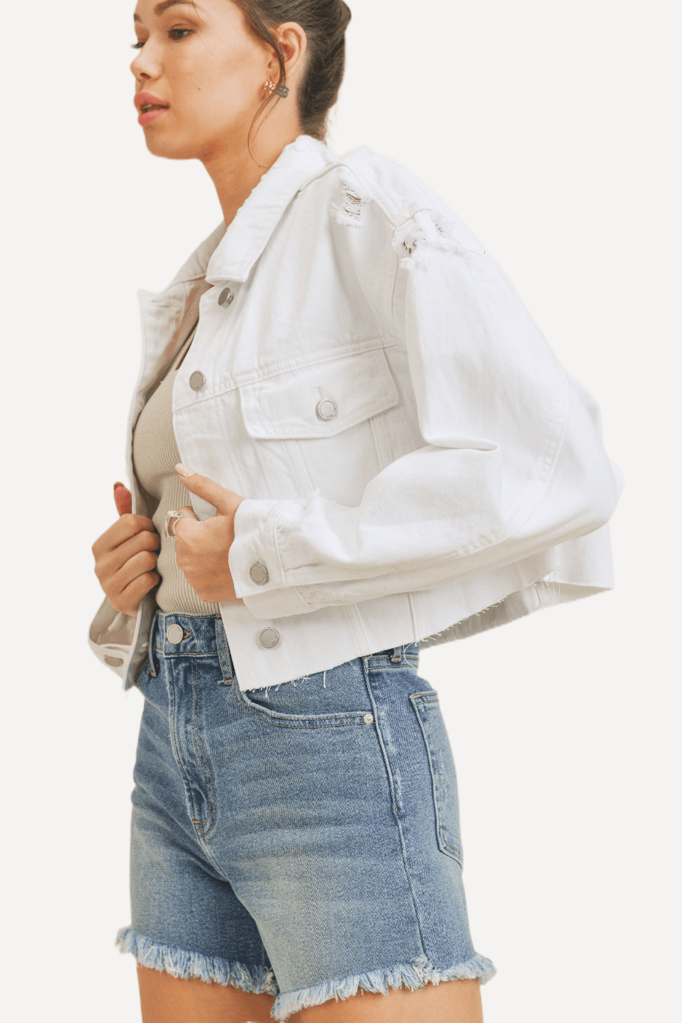 White Distressed Jean Jacket - LK’s Boutique white jean jacket