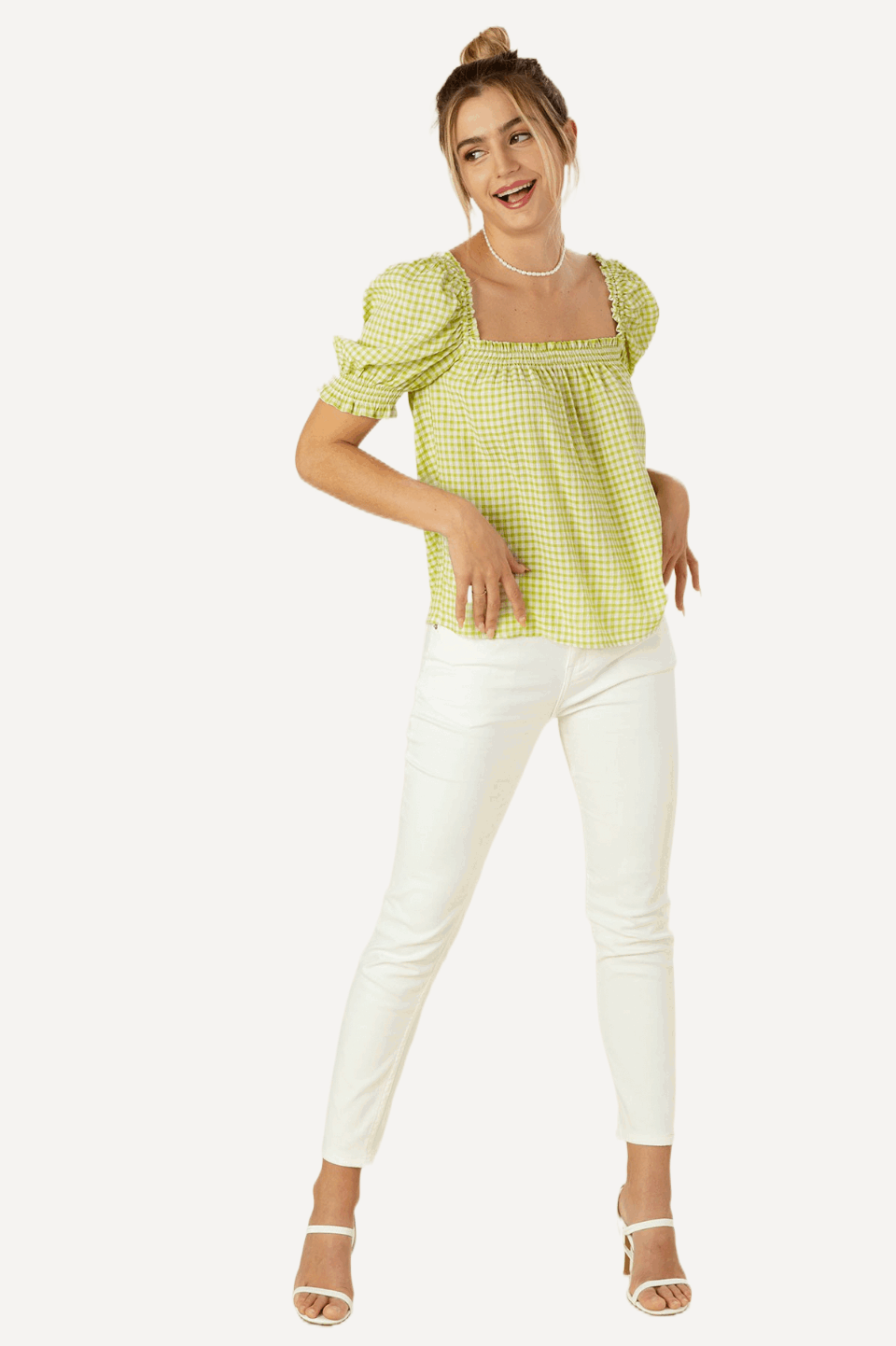 spring top, green top with white jeans, spring fashion