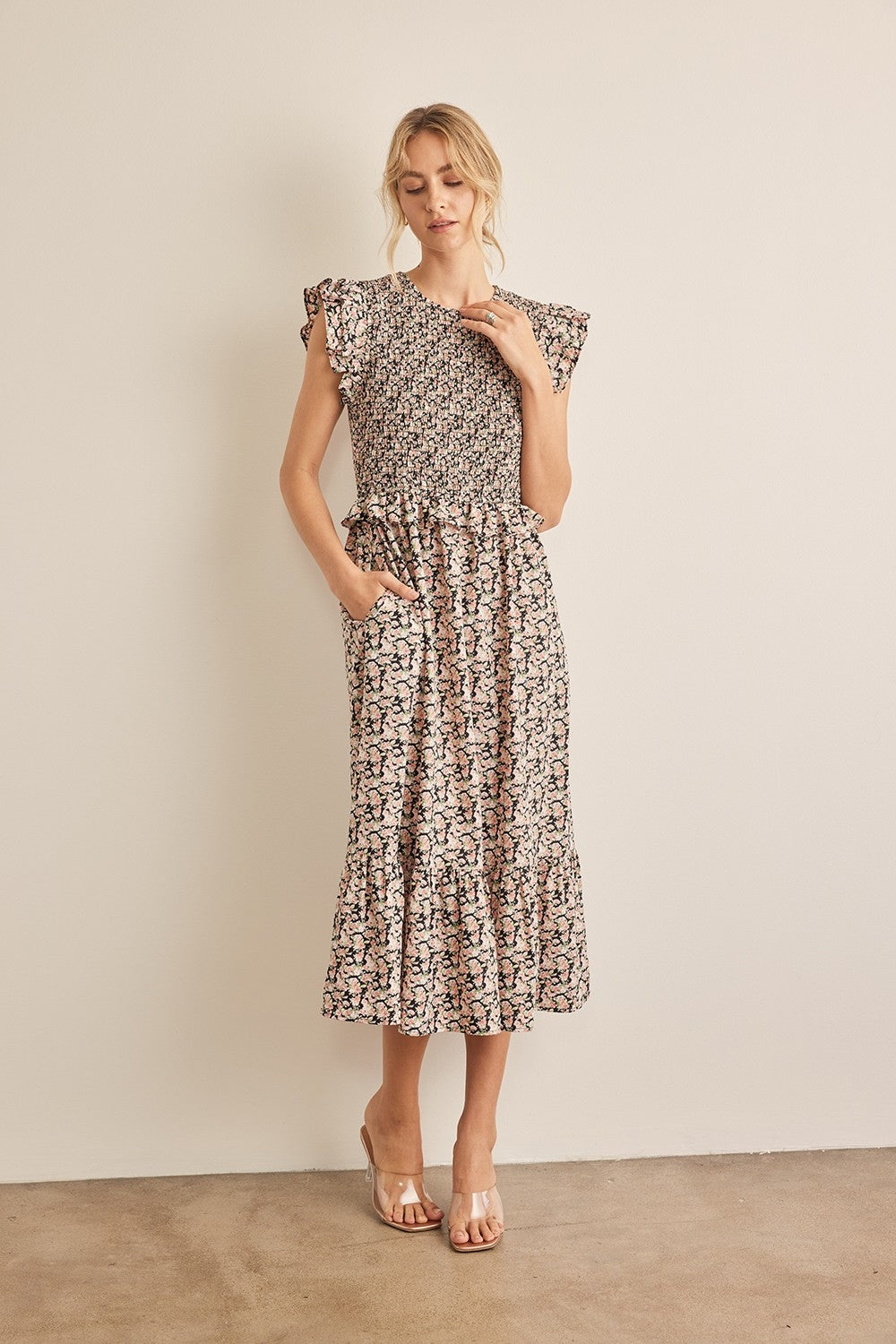 Smocked Floral Midi Dress - Black/Pink