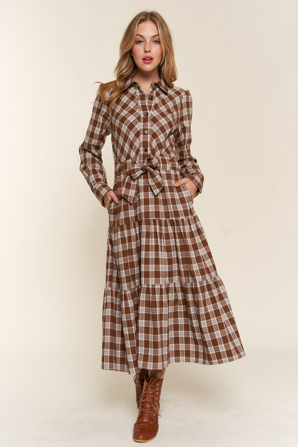 Brown Plaid Midi Shirt Dress