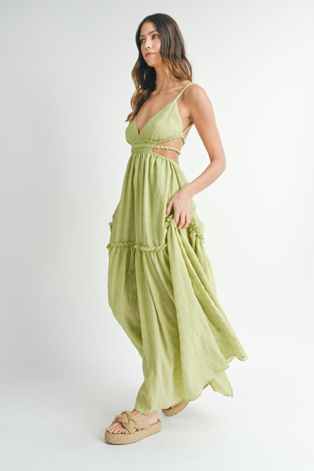 womens summer dress 2024, Cutout Waist Backless Maxi Dress - Green