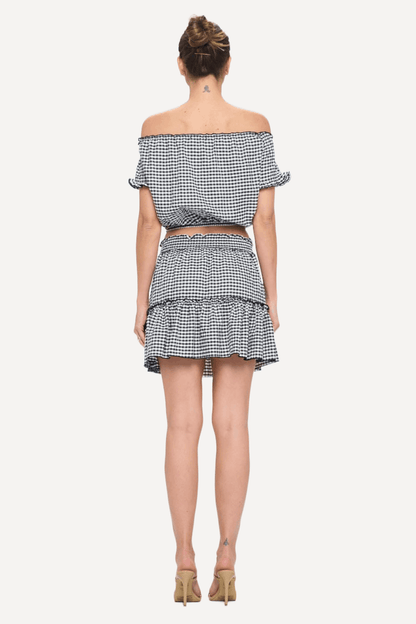 off shoulder check top and skirt