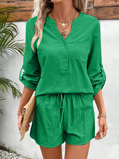 green Cotton Shorts and Long Sleeve Top