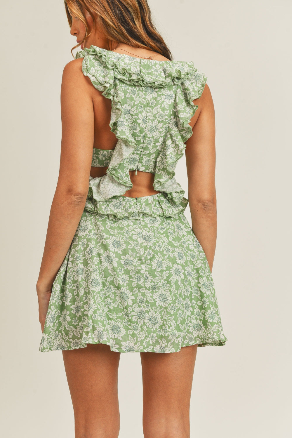 Floral Ruffled Cotton Mini Dress - Green