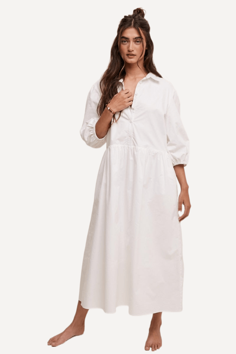 white Balloon Sleeve Cotton Dress, cotton relaxed fit dress women