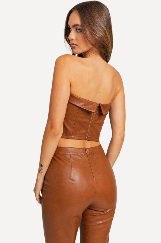 womens Leather Tube Top -Tan