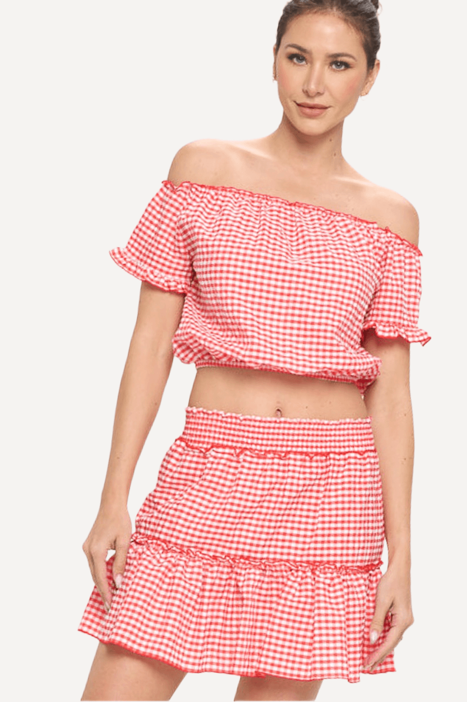 Gingham Off-shoulder Top and Skirt Set - LK’s Boutique