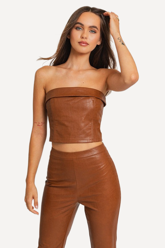 strapless leather top, tan leather strapless top