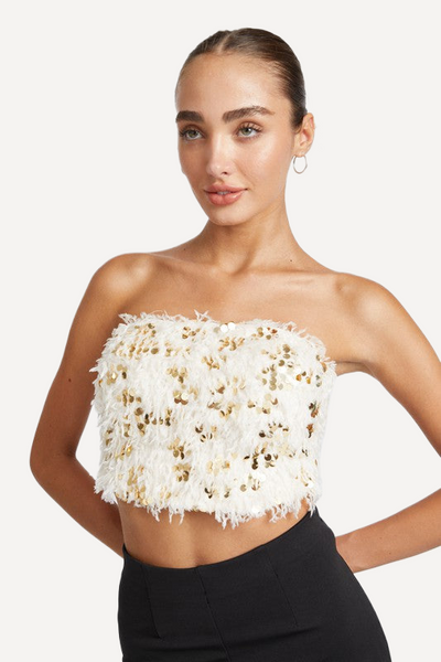white Feather Strapless Top, golden Feather Strapless Top
