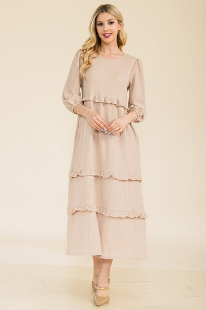 beige Tiered-Ruffle Midi Dress