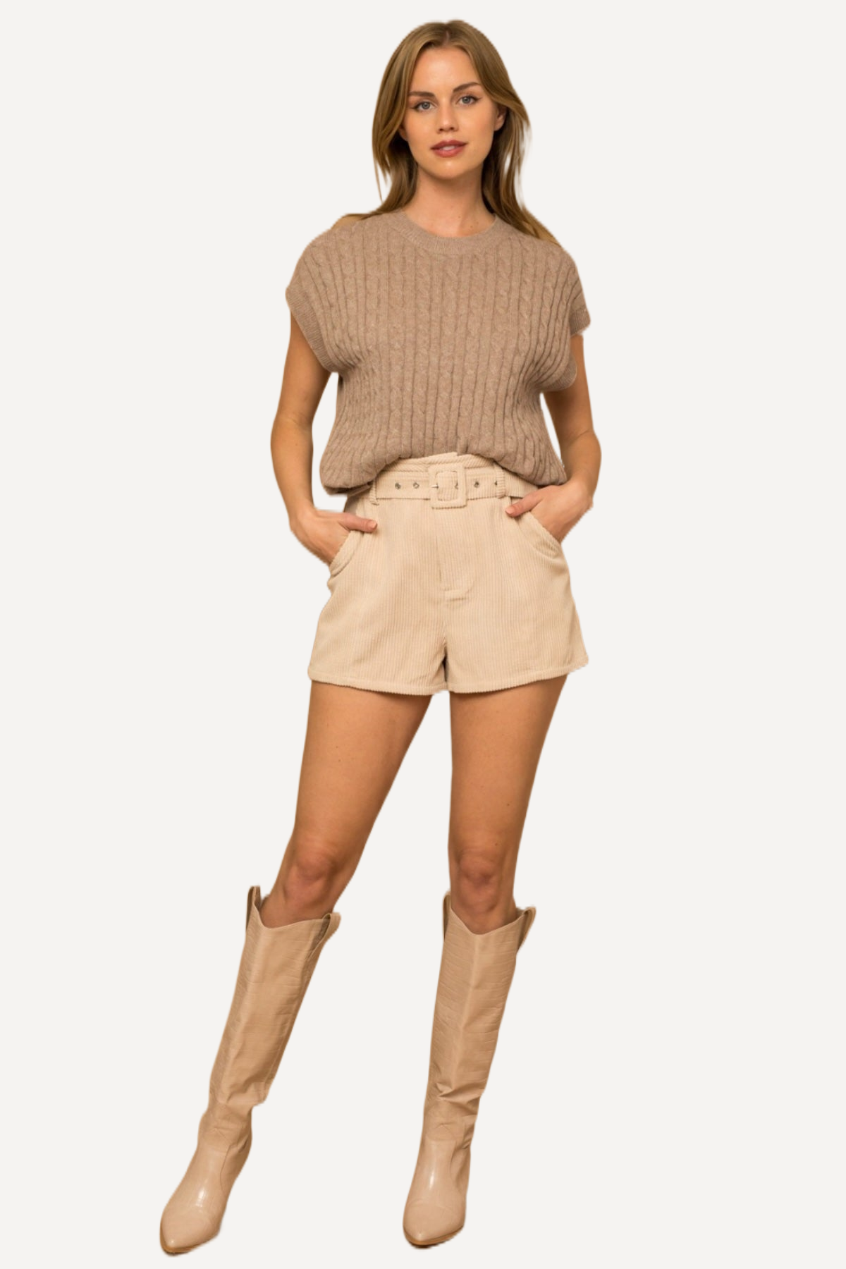 tan Cable Knit Short Sleeve Top, sleeveless vest top