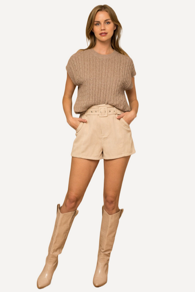 tan Cable Knit Short Sleeve Top, sleeveless vest top