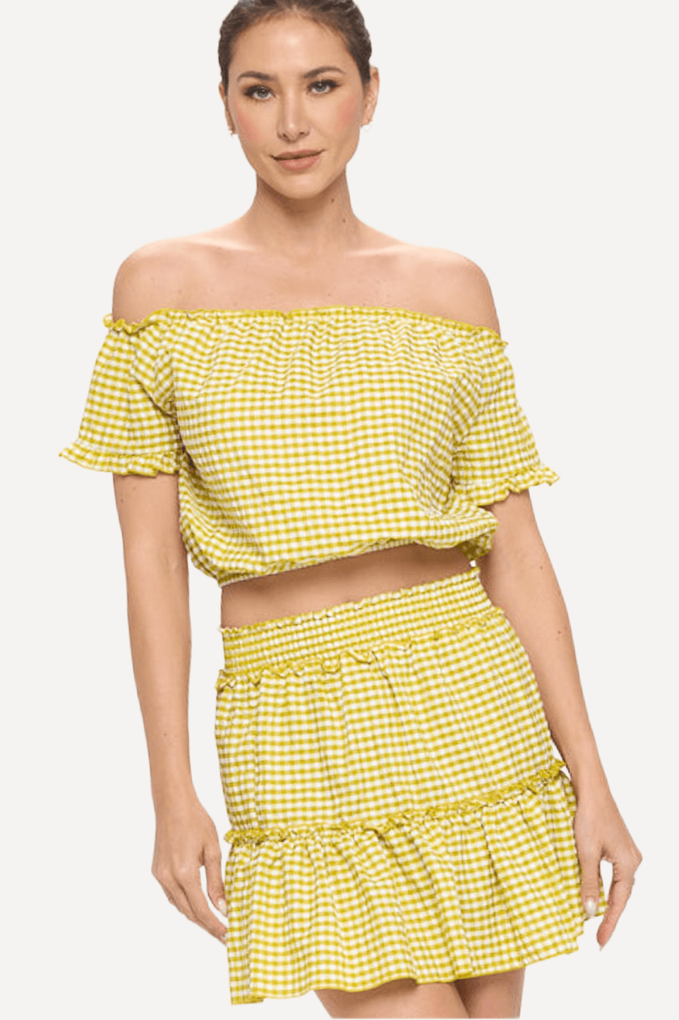 Gingham Off-shoulder Top and Skirt Set - LK’s Boutique