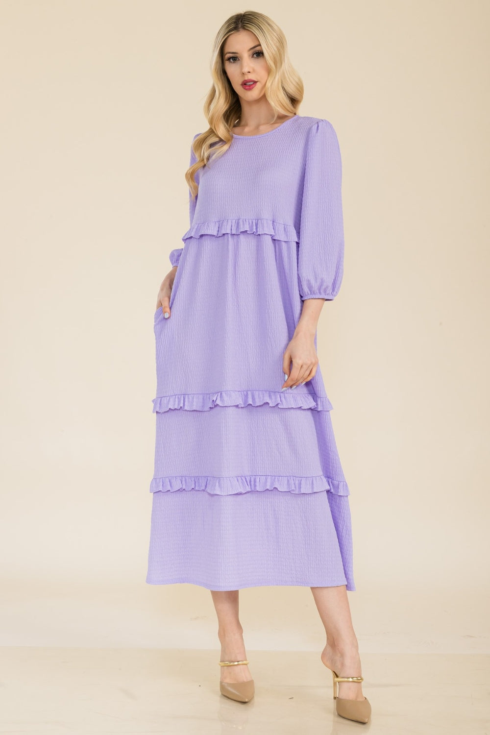 purple Tiered-Ruffle Midi Dress