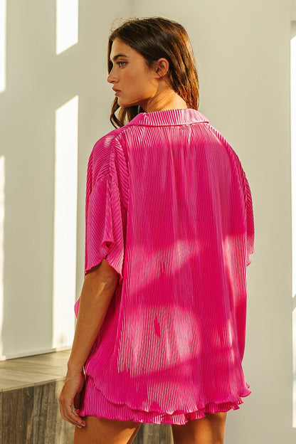 Pleated Short and Short Sleeve Shirt Set - Fuchsia