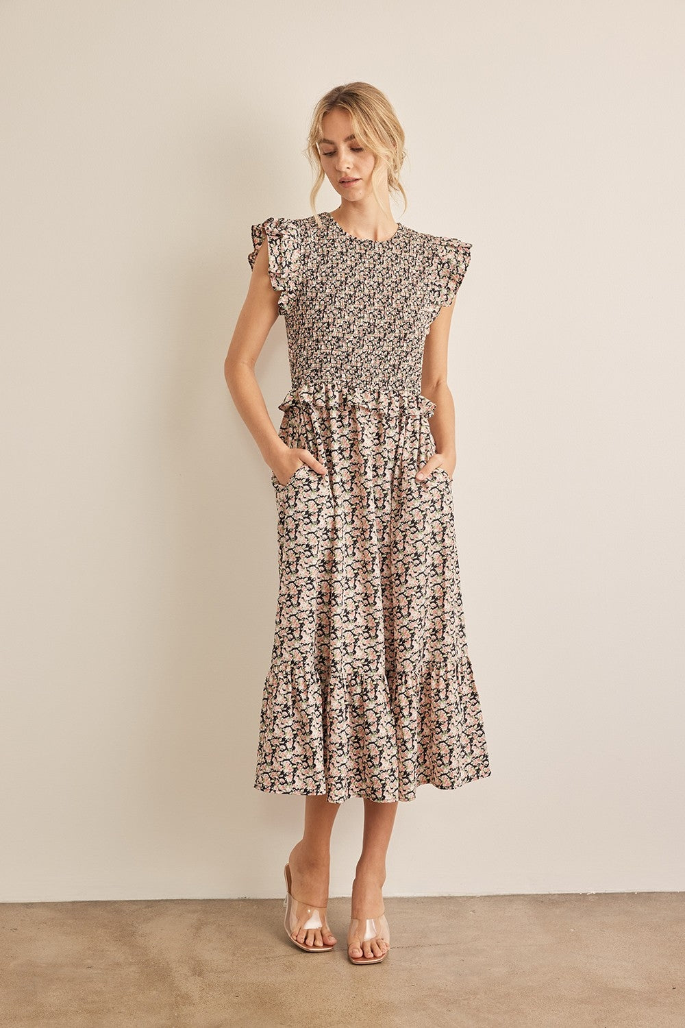 womens unique Smocked Floral Midi Dress - Tan