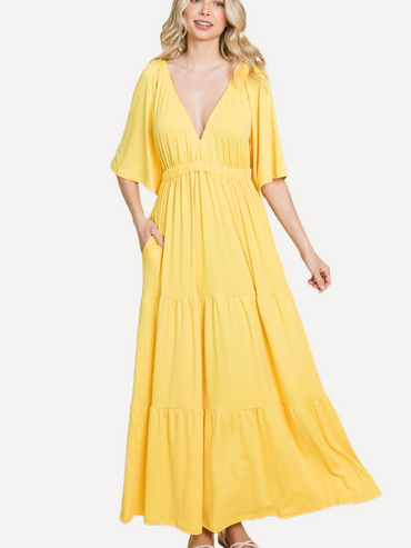 Backless Tiered Dress - Yellow