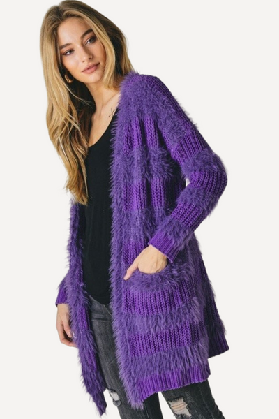 Fur Trim Cardigan in Purple