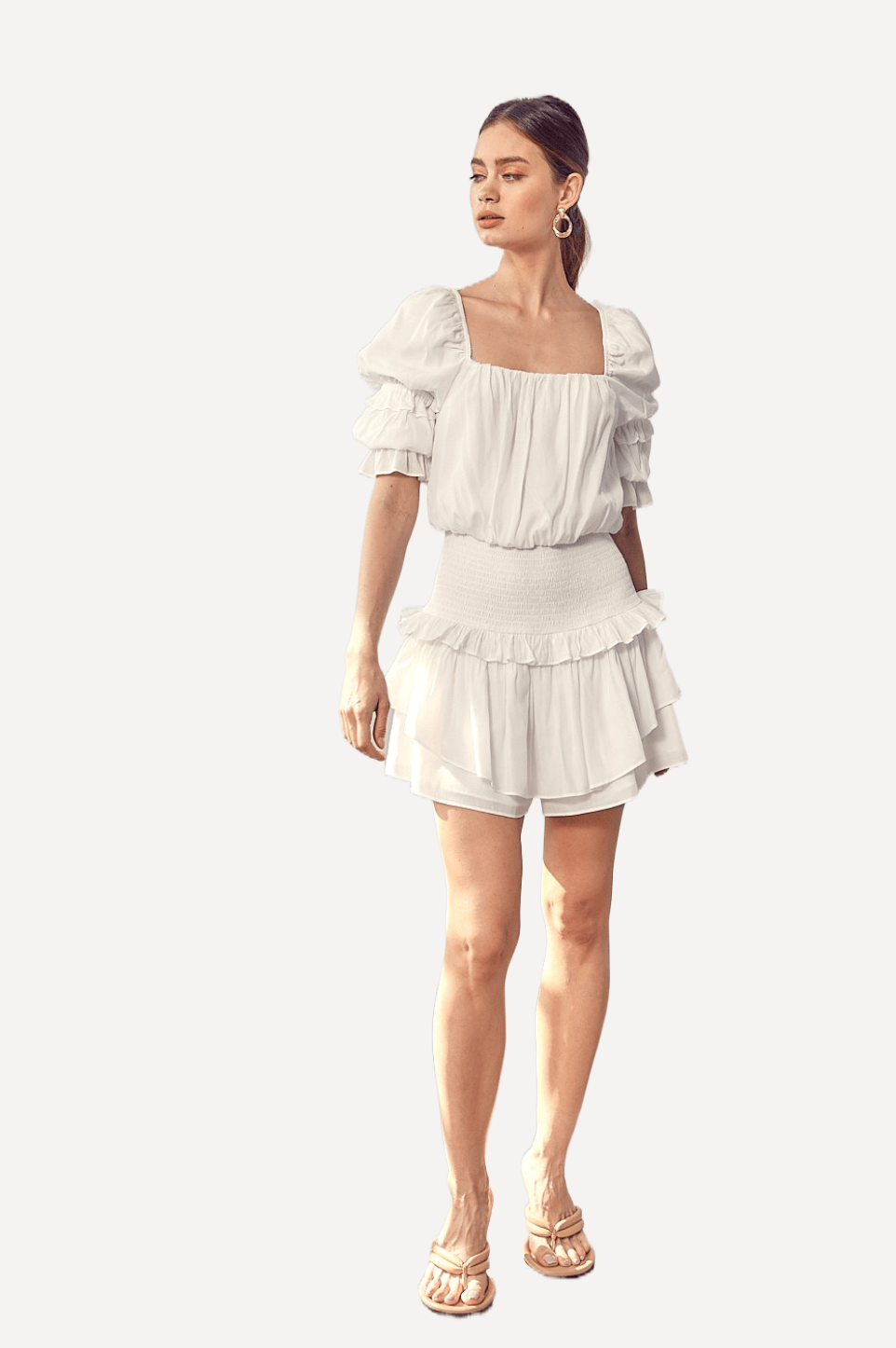 white Puff Sleeve Smocked Waist Romper, spring and summer fashion