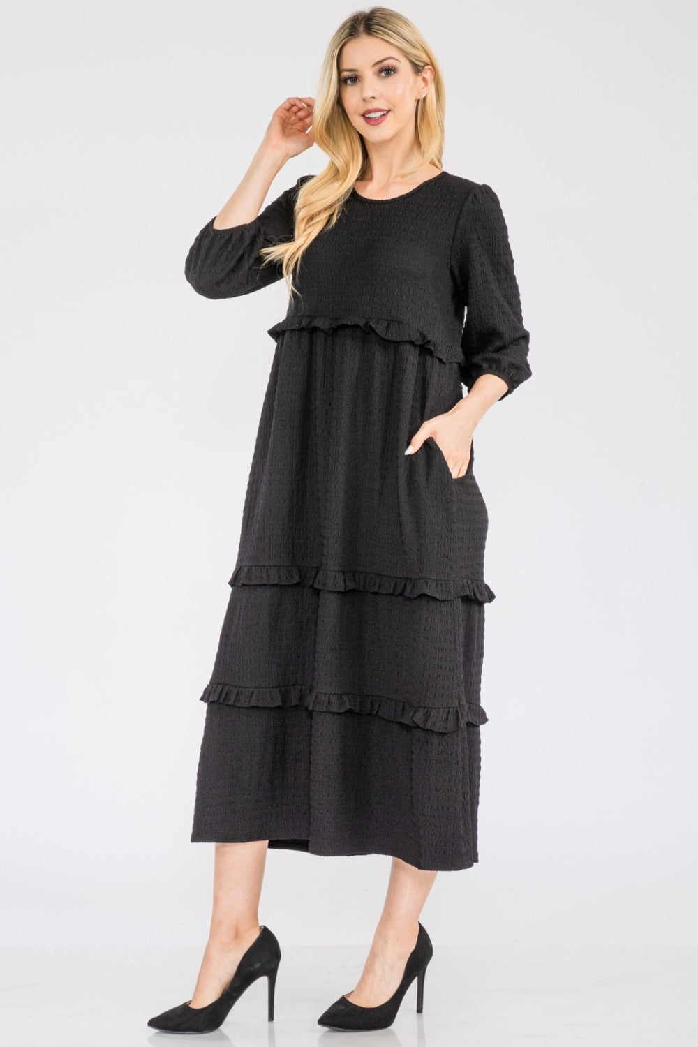 black Tiered-Ruffle Midi Dress