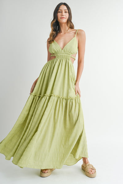 womens vacation style, Cutout Waist Backless Maxi Dress - Green