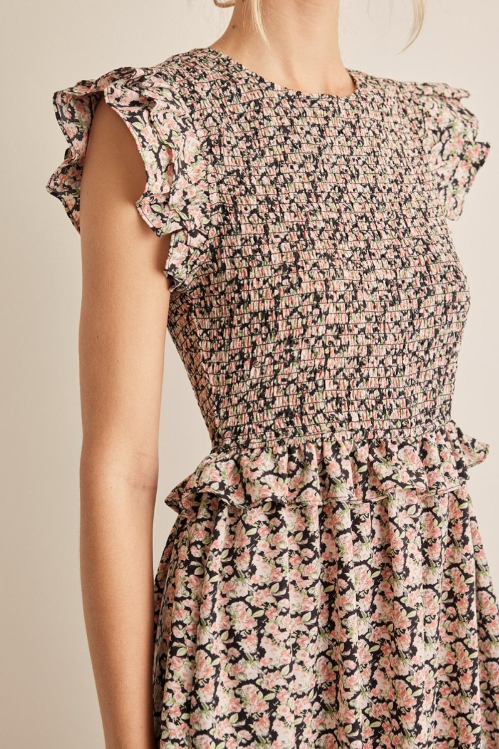 Smocked Floral Midi Dress - Black/Pink