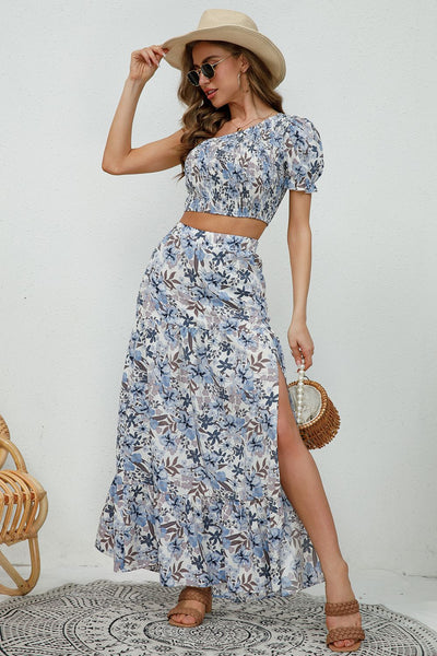 womens Floral One Shoulder Cropped Top and Maxi Skirt Set, vacation 2024 fashion