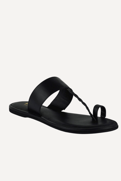 black Toe Ring Braided Leather Sandals