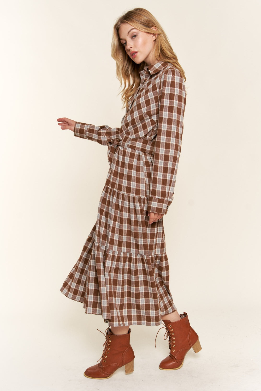 Brown Plaid Midi Shirt Dress